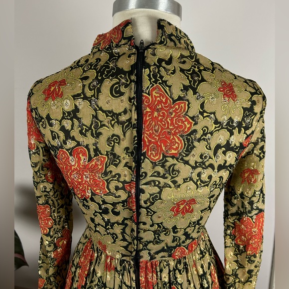 Vintage 60’s Gold Mock Neck Floral Maxi India Cotton Party Dress with Pockets - Picture 10 of 15